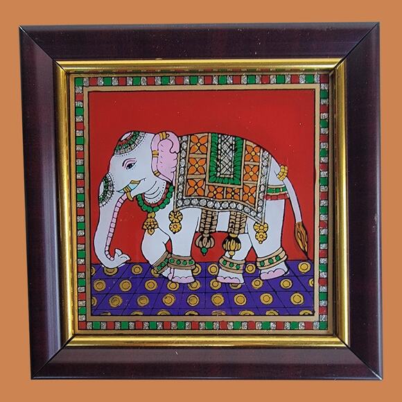 Vintage 1990s Small South Indian Tanjore Painting of Adorned Elephant - Picture 1 of 5